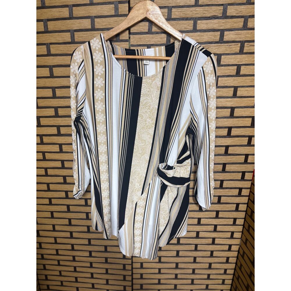 Cato Black And Tan Stripe Puff Print Blouse Size Large